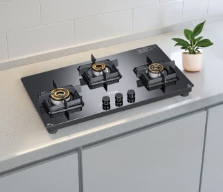 Hindware Vivid Blk 3 Burner Glass Top Gas Stove Auto Ignition