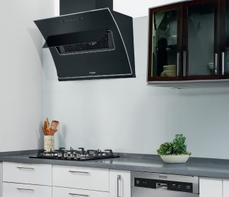Hindware Chimney Essence Autoclean 90cm 1350 m3/hr Black Filterless Motion Sensor & Touch Control