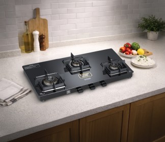 Hindware Dario Blk 3 Burner Glass Top Gas Stove Auto Ignition