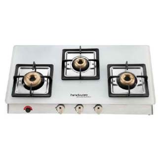 Hindware Lorenzo White 3 Burner Glass Top Gas Stove Auto Ignition