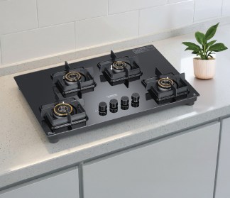 Hindware Vivid Blk 4 Burner Glass Top Gas Stove Auto Ignition