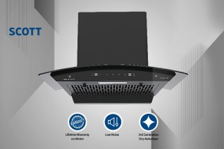 Kutchina Chimney Scott 60cm 1300 m3/hr Curved Glass Filterless Auto Clean Touch Control with Wave Sensor